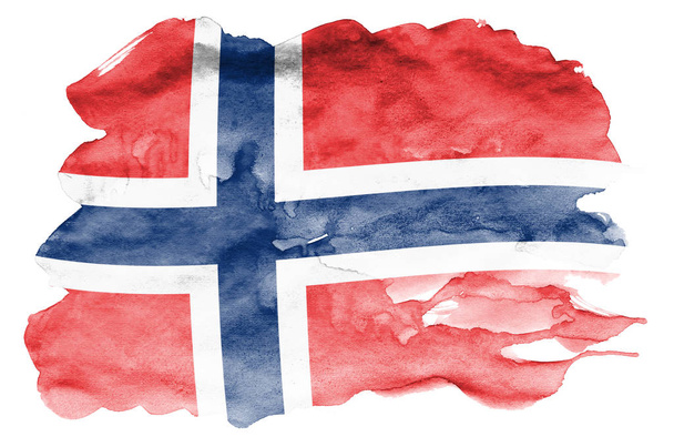Norway flag  is depicted in liquid watercolor style isolated on white background. Careless paint shading with image of national flag. Independence Day banner - Photo, Image