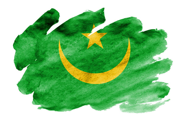 Σημαία της Μαυριτανίας απεικονίζεται σε υγρό στυλ υδροχρώματος που απομονώνονται σε λευκό φόντο. Απρόσεκτος χρώμα σκίασης με την εικόνα της εθνικής σημαίας. Ημέρα ανεξαρτησίας banner - Φωτογραφία, εικόνα