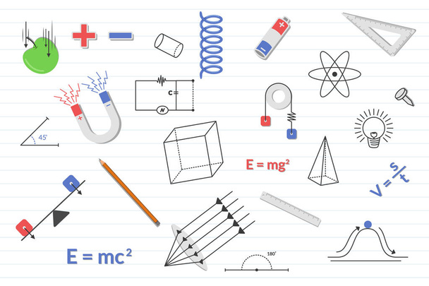 Eğitim Bilimleri fizik ile çeşitli nesneler ve kağıt satır arkaplanı - vektör - Vektör, Görsel