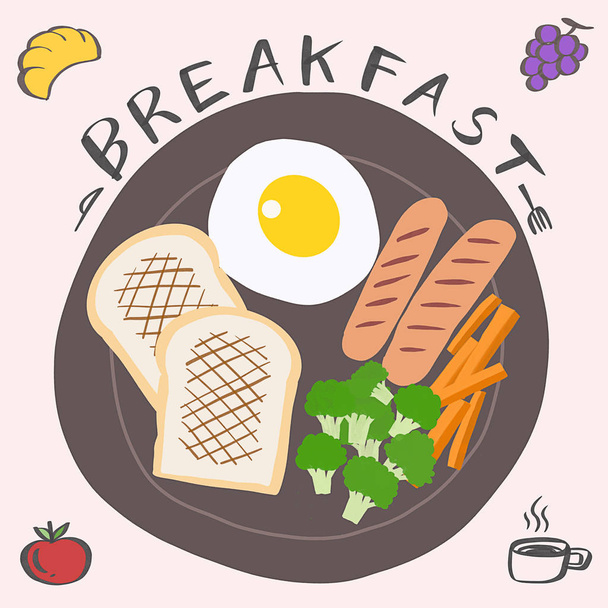 Breakfast with fried egg, toast, sausage,Steamed carrot and broccoli on Black plate and Croissant,Grape,Apple and a cup of coffee with freehand text illustration - Photo, image