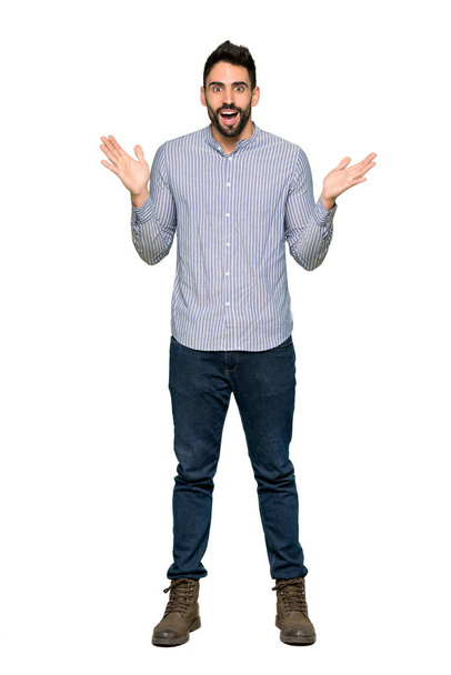 Full-length shot of Elegant man with shirt with surprise and shocked facial expression on isolated white background - Foto, Imagen
