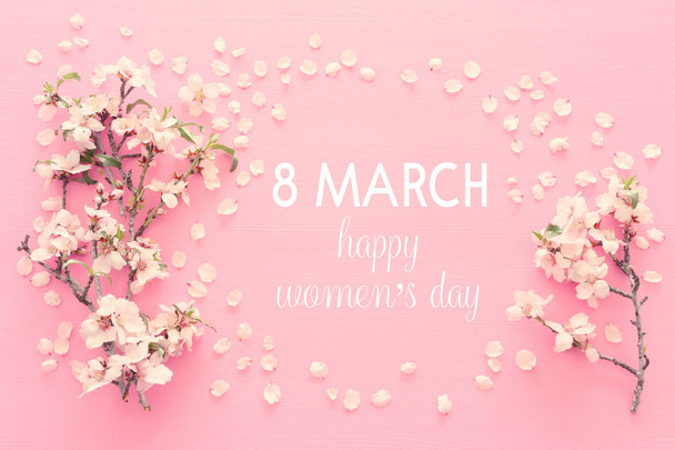 International women day concept. Cherry tree and date text. Top view image - Фото, зображення