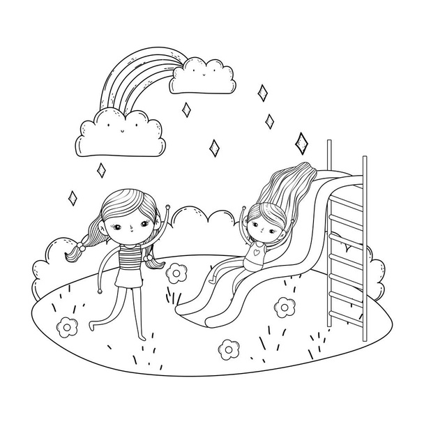 niñas con traje de baño en la diapositiva en el paisaje
 - Vector, imagen