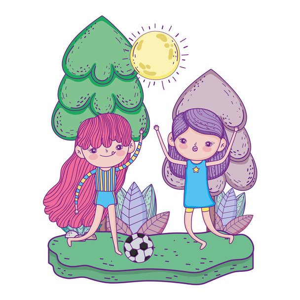 милые маленькие девочки играют в футбол в пейзаже
 - Вектор,изображение