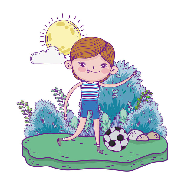 carino bambino giocare a calcio nel paesaggio
 - Vettoriali, immagini