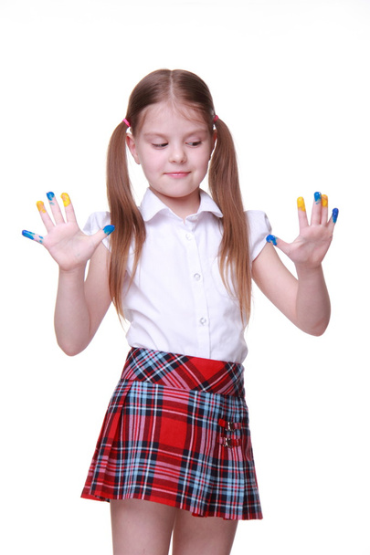 Happy little girl with hands painted as ukrainian flag - Foto, Bild