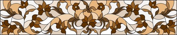Illustration en vitrail avec fleurs abstraites, tourbillons et feuilles sur fond clair, orientation horizontale, sépia - Vecteur, image