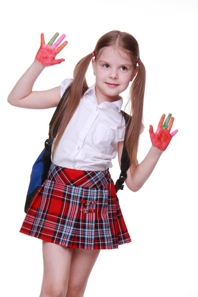Happy little girl with paints on hands - Foto, Imagem