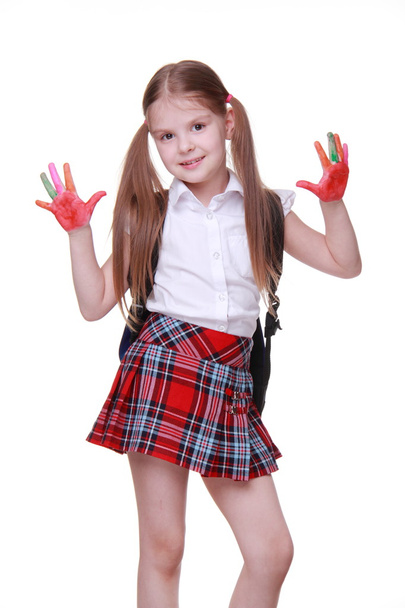 Happy little girl with paints on hands - Foto, Imagen