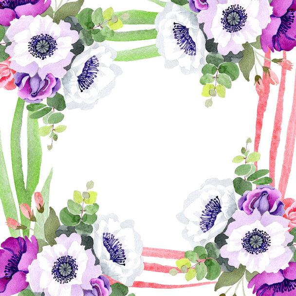 Purple rose bouquet floral botanical flowers. Watercolor background illustration set. Frame border ornament square. - Valokuva, kuva