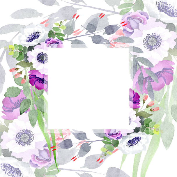 Paarse roos boeket bloemen botanische bloemen. Aquarel achtergrond afbeelding instellen. Frame grens ornament vierkant. - Foto, afbeelding