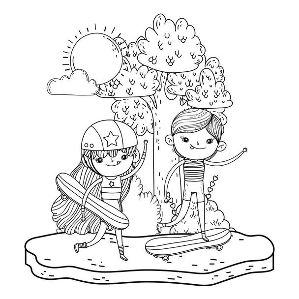 милий маленькі діти, змонтовані в скейтборді в ландшафті
 - Вектор, зображення