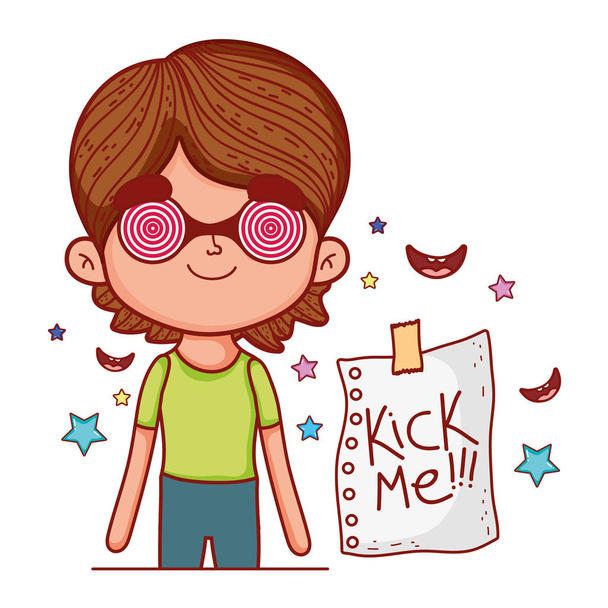 little boy with spiral glasses and kick me paper - Vector, Image
