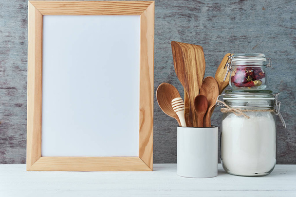Kitchen utensils background with a white blank, copy space, home kitchen mockup - Fotoğraf, Görsel