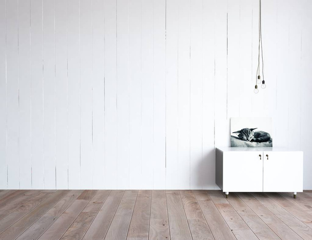 Idéia de espaço vazio interior escandinavo com mesa de cabeceira e imagem no chão de madeira. Casa interior nórdico. Ilustração 3D
    - Foto, Imagem