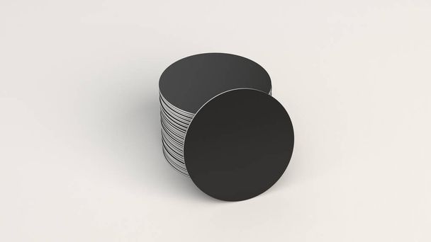 Mockup of blank black round beer coasters on white background. Branding template. 3D rendering illustration - Fotografie, Obrázek
