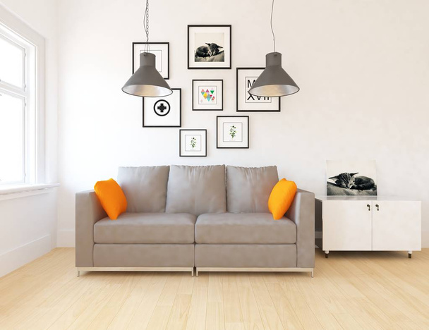Idea de una escandinava sala de estar interior con sofá en el suelo de madera y fotos en la gran pared. Inicio interior nórdico. Ilustración 3D
  - Foto, Imagen