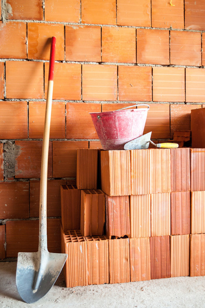 Masonry Shovel bucket and bricks - Photo, Image