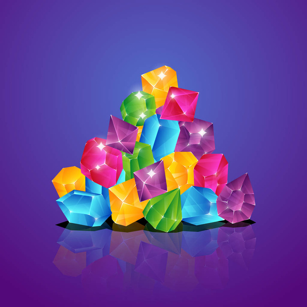 Pila de joyas. Diamantes de colores montón de gemas brillantes pilas tesoro ilustración vector de dibujos animados
 - Vector, Imagen