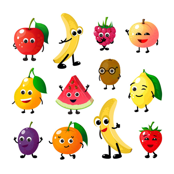 Dibujos animados frutas divertidas. Manzana feliz plátano frambuesa melocotón pera sandía limón fresa caras. Carácter vectorial de bayas
 - Vector, Imagen