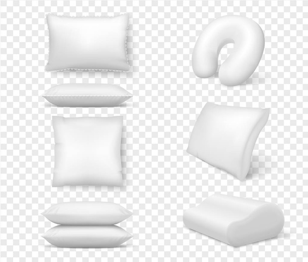 Реалистичные белые подушки. Вектор 3d удобная подушка квадратная анатомическая. Шаблон, макияж из белых пушистых подушек для отдыха, сна, сна, постельного белья
 - Вектор,изображение