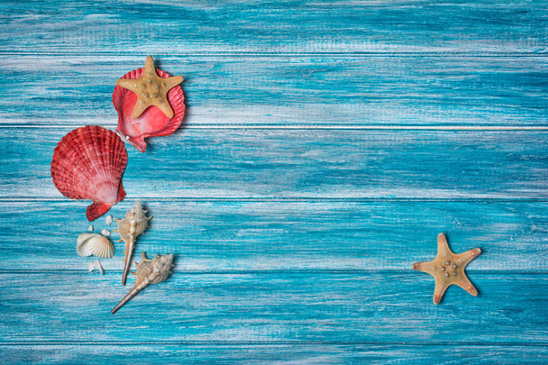 Top view on starfish and seashells on blue wooden background as concept of vacation time with copy space - 写真・画像
