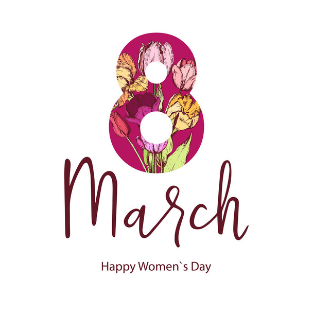 8 maart. Happy Women's Mother's Day. Bloemen groet Card. Hand getrokken. Vectorillustratie - Vector, afbeelding