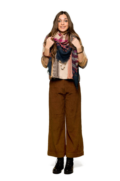 Full-length shot of Young hippie woman with surprise facial expression on isolated white background - Foto, Imagem