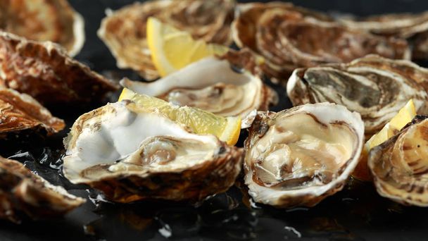 Plat d'huîtres fraîches avec citron et glace
 - Photo, image
