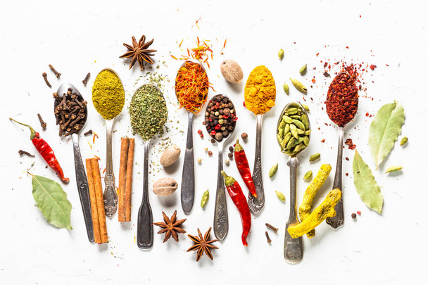 Set of various spices in spoons on white - Photo, Image