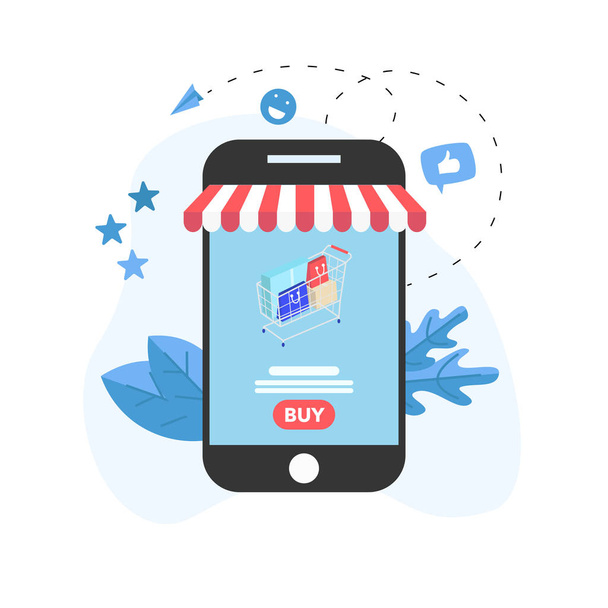Online alışveriş ile smartphone kavramı ve alışveriş sepeti - Vektör, Görsel