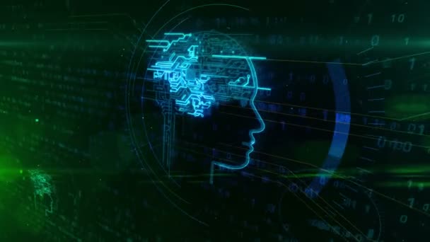 人工知能、深い機械学習とサイバーは心コンセプト アニメーションです。ダイナミック 3 d デジタル背景にサイバネティック脳は未来形ホログラムに直面します。脳深部刺激メタファ. - 映像、動画