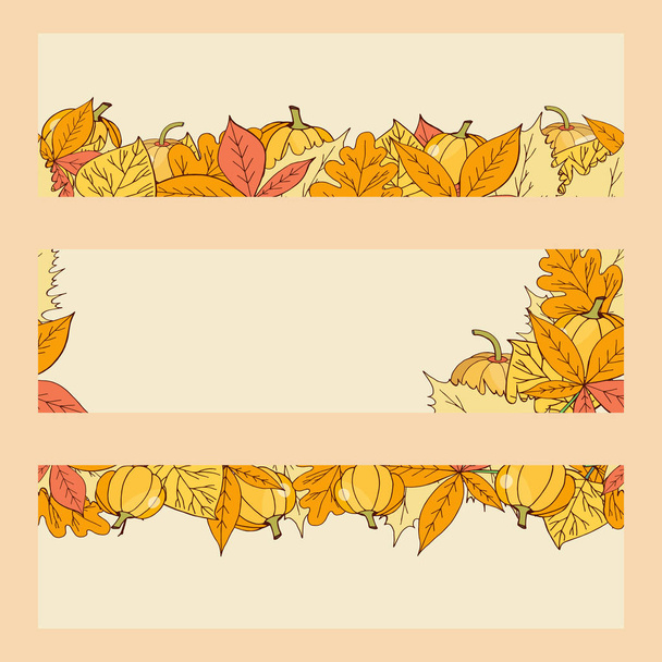 Set of three banners with hand drawn pumpkins and autumn leaves - Vecteur, image