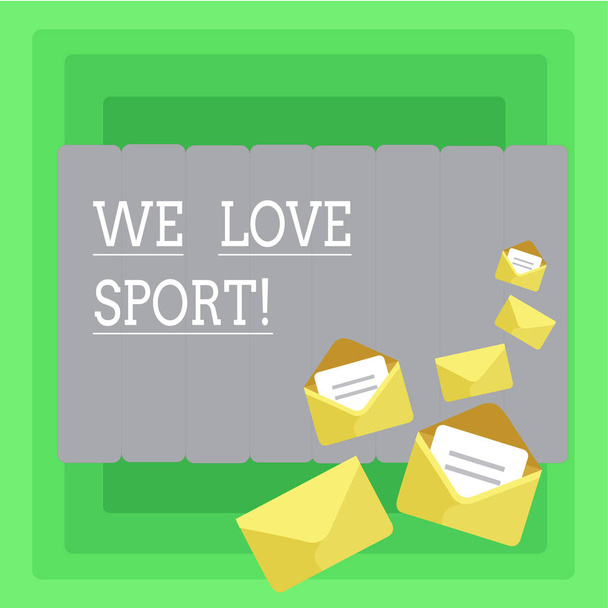 Testo di scrittura di parole We Love Sport. Business concept per Mi piace molto praticare attività sportive atletiche allenarsi
. - Foto, immagini