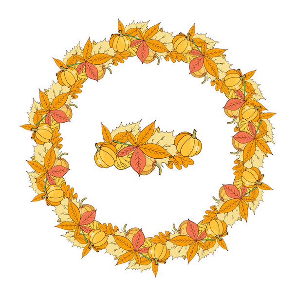 Wreath of hand drawn pumpkins and autumn leaves on white background - Vektori, kuva