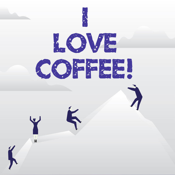 Escritura de mano conceptual que muestra Me encanta el café. Foto de negocios mostrando afecto amoroso por las bebidas calientes con cafeína Adicción
. - Foto, Imagen