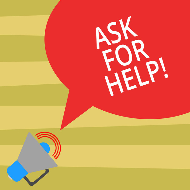 Text sign showing Ask For Help. Conceptual photo Request to support assistance needed Professional advice Megaphone with Sound Volume Icon and Blank Color Speech Bubble photo. - Photo, Image