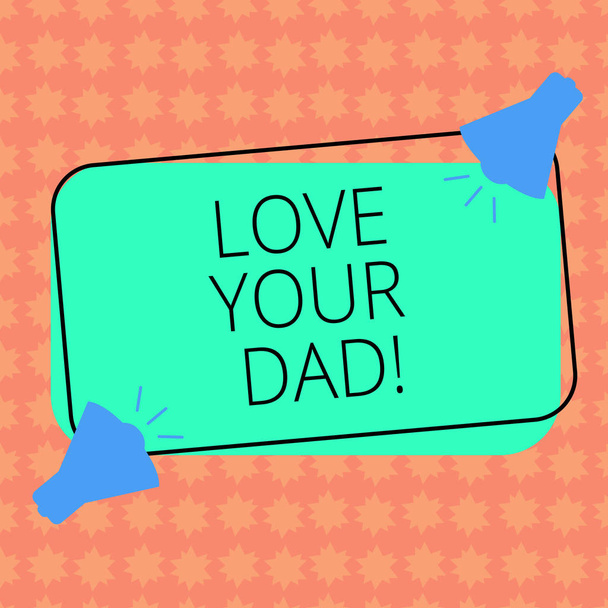 Пишу записку, показывающую "Люби своего отца". Два мегафона со звуковой иконкой на цветной очерченной прямоугольной фигуре
. - Фото, изображение