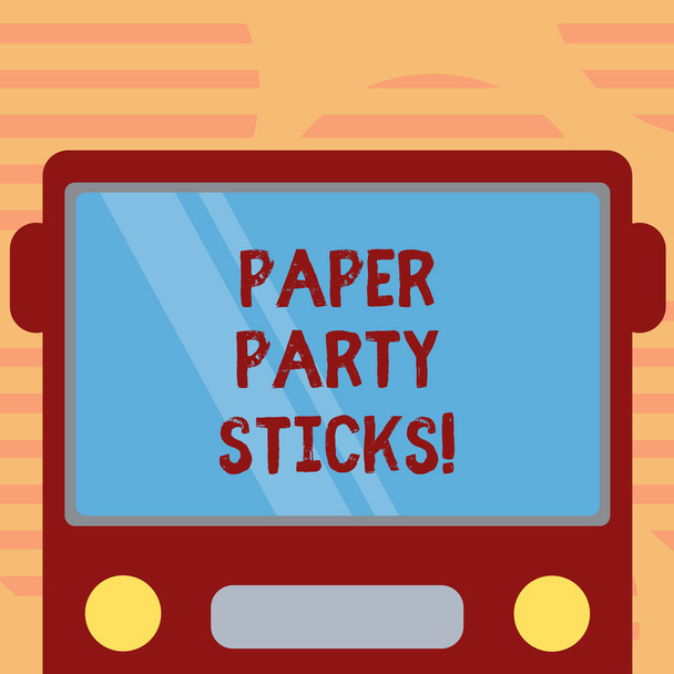 Word writing text Paper Party Sticks. Business concept for colored shapes of hard paper used create emojis Drawn Flat Front View of Bus with Blank Color Window Shield Reflecting. - Photo, Image