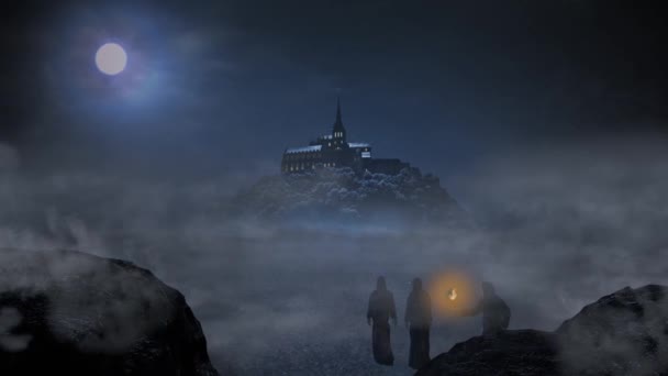 Three monks are going to the abbey Mont Saint Michel under the night sky with big moon. 3D Matte painting. - Footage, Video