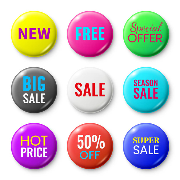 Satılık düğmeler rozetleri. Özel Fırsat Dükkanı düğmesini, kırmızı yeni rozet ve sezon satılık etiket daire vektör set izole - Vektör, Görsel