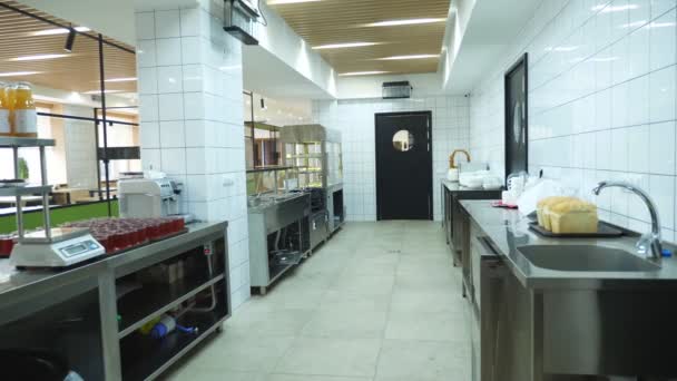 general plan, modern canteen, cafeteria, Self service restaurant , empty, bright, spacious mess hall, Food Buffet resturant with showcases, working kitchen area for staff - Footage, Video