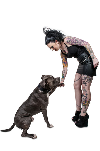 Beautiful Woman and Pit Bull - 写真・画像