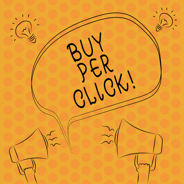 Writing note showingBuy Per Click. Business photo showcasing Online purchasing ecommerce modern technologies to shop Freehand Outline Sketch of Speech Bubble Megaphone Idea Icon. - Photo, Image