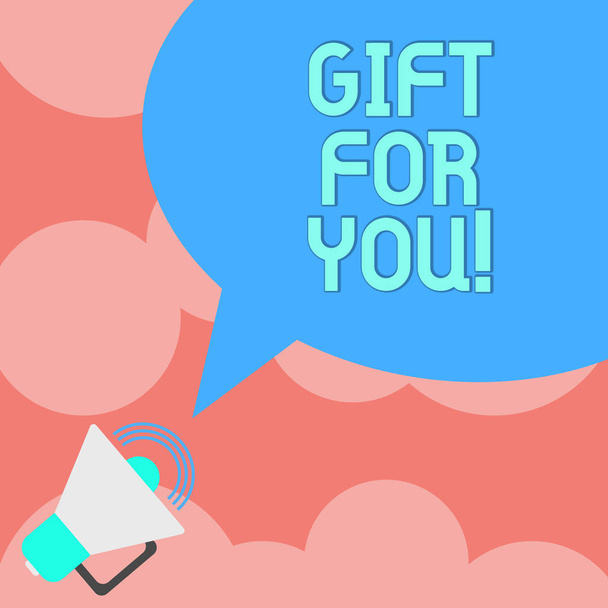 Writing note showing Gift For You. Business photo showcasing To receive a present surprise special occasion appreciation Megaphone with Sound Volume Icon and Blank Color Speech Bubble photo. - Photo, Image
