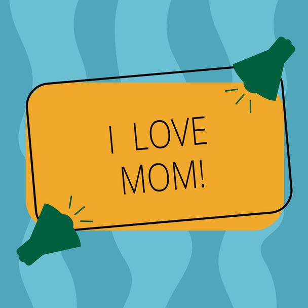 konzeptionelle Handschrift, die zeigt, dass ich Mama liebe. Business-Foto zeigt gute Gefühle über meine Mutter Zuneigung liebevolles Glück zwei Megafon mit Sound-Symbol auf skizzierte rechteckige Form. - Foto, Bild