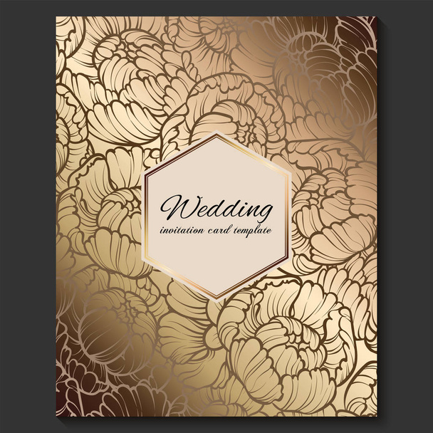 Antique royal luxury wedding invitation, gold on beige background with frame and place for text, lacy foliage made of roses or peonies with shiny gradient. - Vector, Image