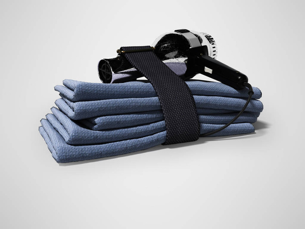 Zestaw niebieski miękkie ręczniki i suszarka do włosów profesjonalne renderowania 3d na szarym tle, z tle - Zdjęcie, obraz