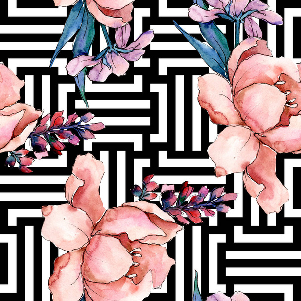 Pünkösdi rózsa csokrok botanikai virág virág. Akvarell háttér illusztráció készlet. Varratmentes háttérben minta. - Fotó, kép