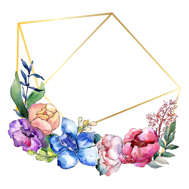 Peony bouquets botanical flower. Watercolor background illustration set. Frame border crystal ornament square. - Foto, imagen